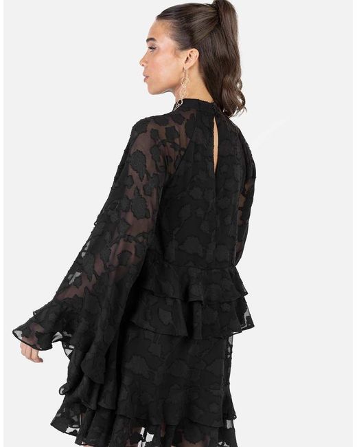 ANAYA Black Floral Burnout High Neck Ruffle Sleeve Shift Mini Dress