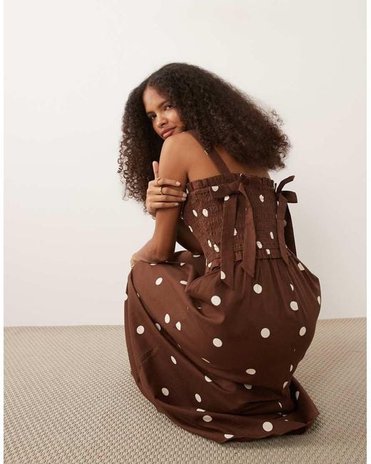 New Look Brown Polka Dot Shirred Tie Back Midi Dress