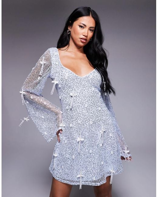 ASOS Shell Embellished Sequin Long Sleeve V-neck Mini Dress With 3d Fringe  Details in Blue