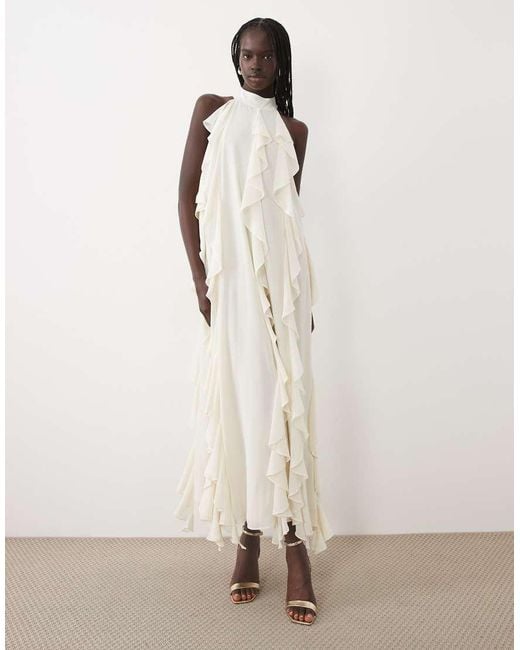 True Decadence Natural High Neck Ruffle Trapeze Maxi Dress