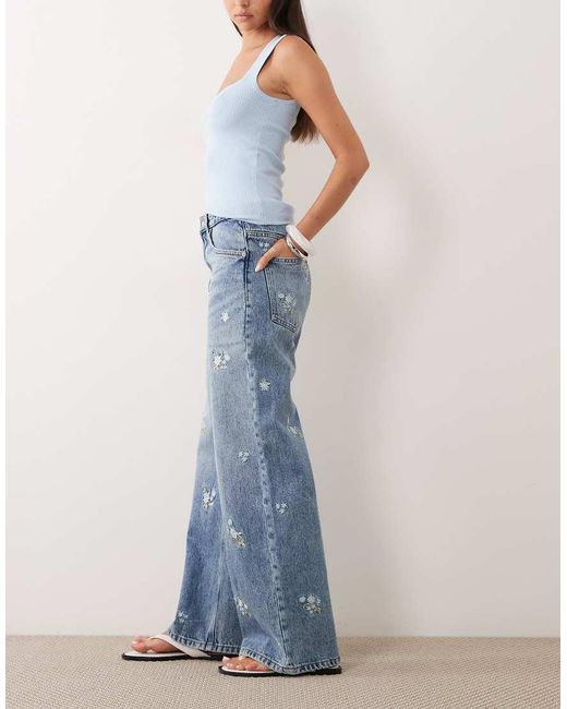 Mango Blue Beverly Cotton Mix Straight Jean With Floral Embroidery