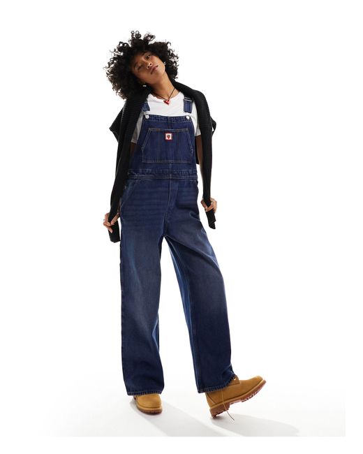 Monki Blue Denim Dungarees With Strawberry Embriodery