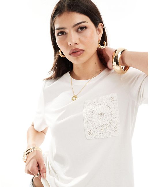 Vila White Oversized T-shirt With Crochet Pocket