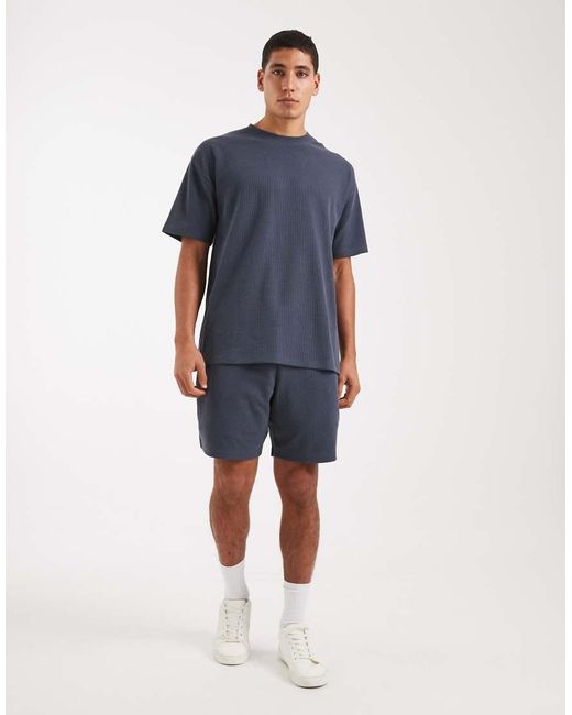 New Look Blue Waffle Oversized T-Shirt Co-Ord for men
