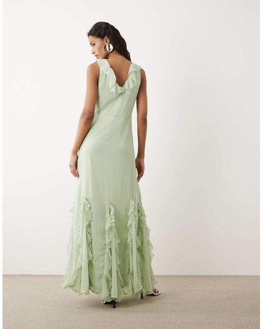 Vila Green Frill Trim Chiffon Maxi Dress