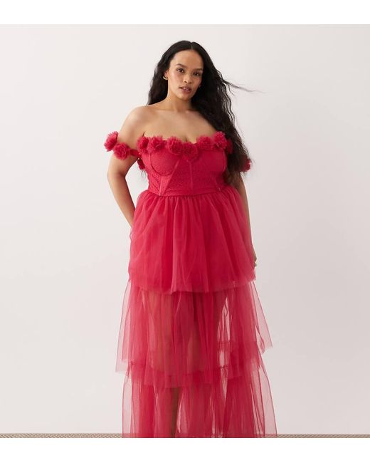 Lace & Beads Plus Red Tulle Bardot Corsage Detail Corset Maxi Dress