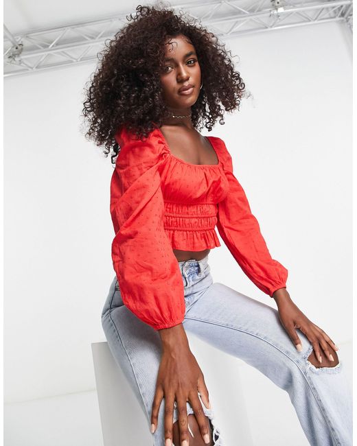 Stradivarius Square Neck Dobby Ruched Top in Red Lyst
