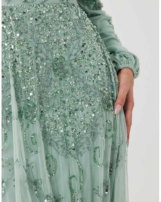 Beauut Green Fully Embellished Beaded Mesh Overlay Balloon Sleeve Maxi Dress