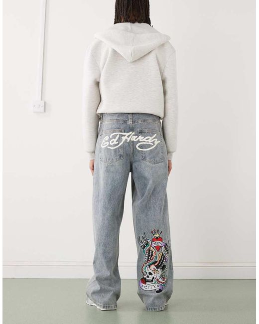 Ed Hardy Gray Nyc Skull Denim Jeans for men