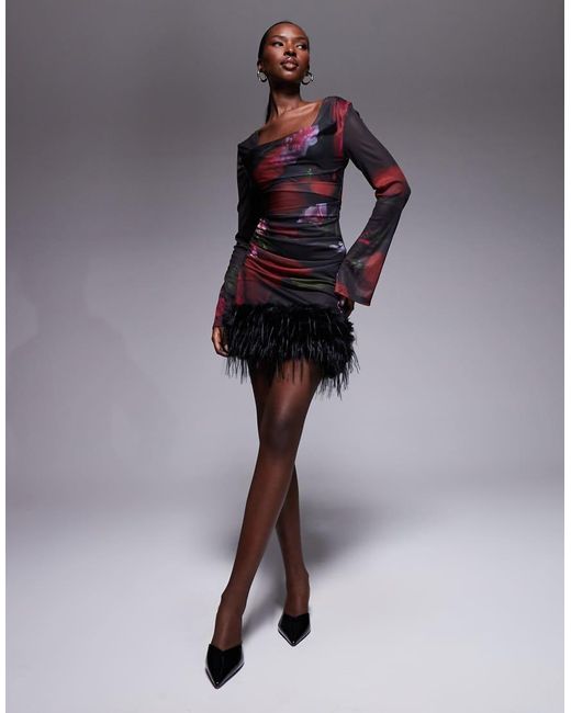 ASOS Multicolor Long Sleeve With Square Neck Mesh Mini Dress With Fur Trim Skirt