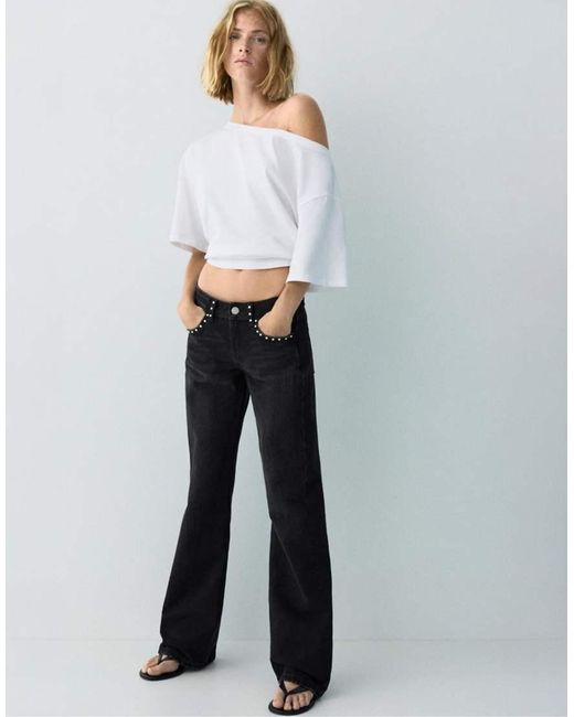 Pull&Bear Blue Straight-leg Jeans With Star Studs