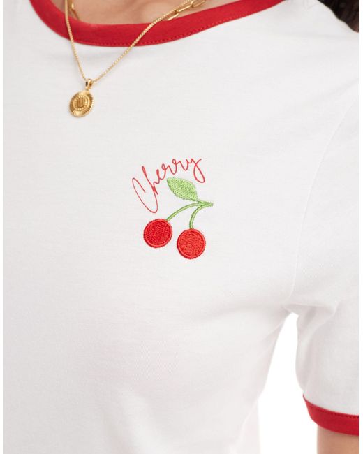 Pieces White Contrast Trim Cropped T-shirt With 'cherry' Print