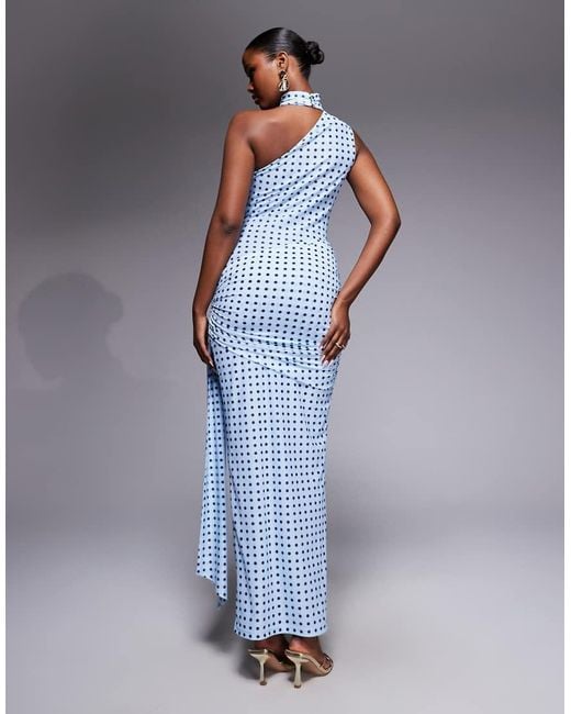 Ruched & Ready Blue One Shoulder Halterneck Scarf Detail Ruched Waist Maxi Dress