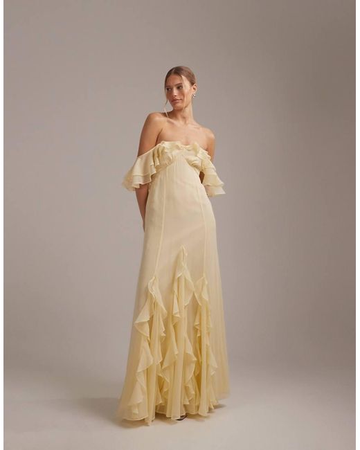 ASOS Brown Bridesmaids Bardot Ruffle Chiffon Maxi Dress