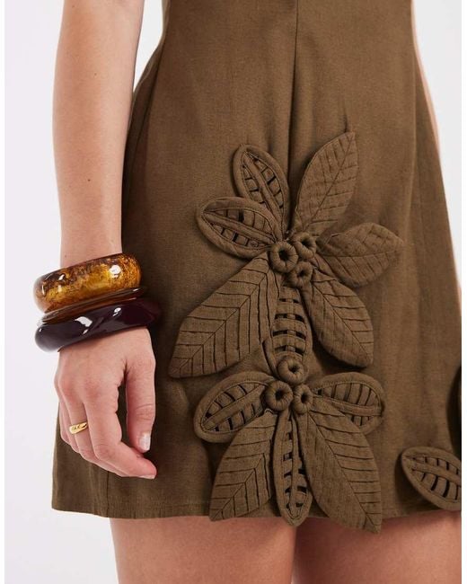 ASOS Brown Square Neck Flower Applique Mini Dress