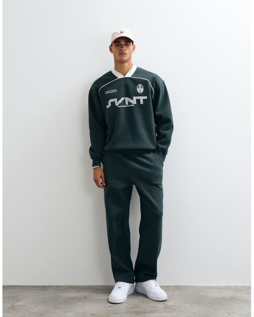 ASOS Green Oversized Ribbed V Neck With Piping And Puff Print for men
