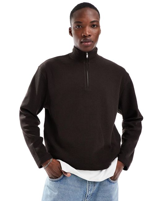 Sweat gaufré oversize à col zippé - foncé ASOS pour homme en coloris Black