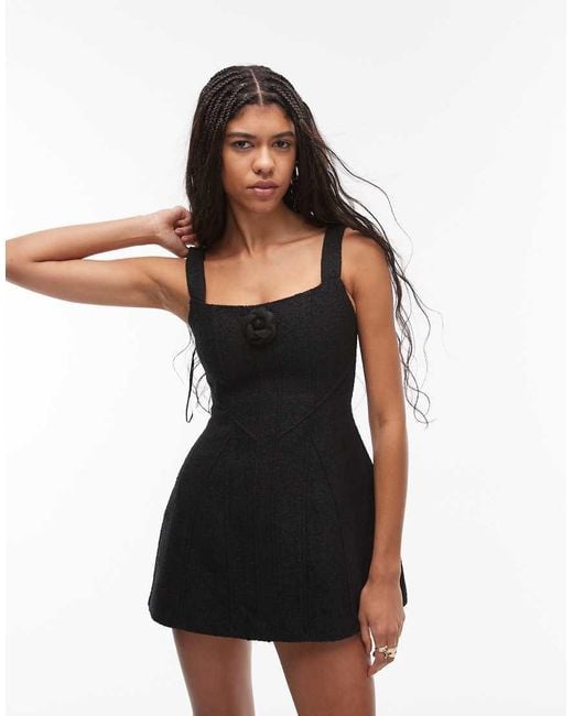 HEIRESS BEVERLY HILLS Black Boucle Square Neck Corset Detail A-Line Mini Dress
