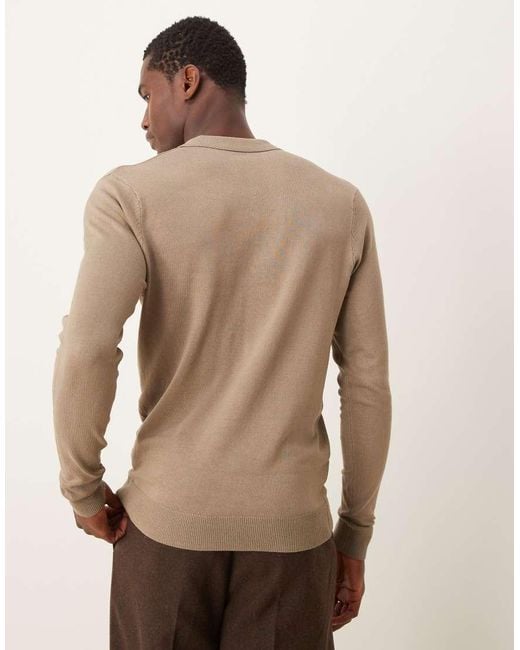 New Look Natural Long Sleeve Knitted Polo for men