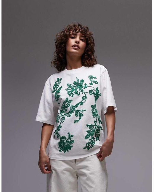 TOPSHOP White Green Embroidered Raffia Oversized Tee