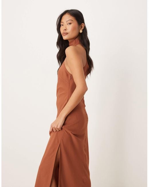 ASOS Asos Design Petite Chiffon High Neck Midi Dress in Brown | Lyst