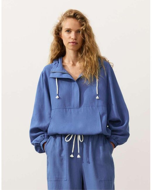 Oysho Blue Half-Zip Sweatshirt With Front Pocket, Lyocell And 24% Linen Blend