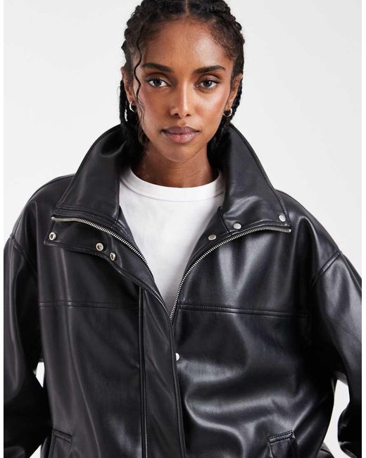 ASOS Black Clean Leather Look Funnel Track Bomber Jacket