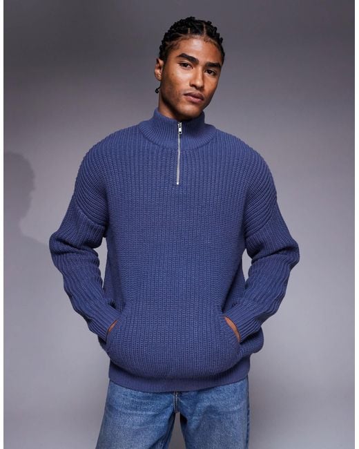 ASOS Blue Oversized Knitted Half Zip Jumper for men