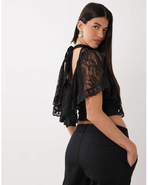 ASOS Black Lace Flutter Cape Top With Tie Back