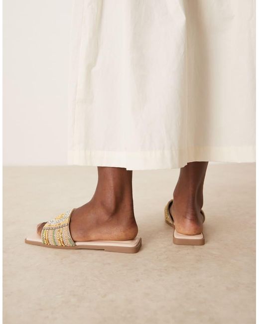 ASOS Natural Fig Square Toe Flat Mule Sandals With Beads