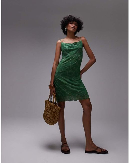 TOPSHOP Green Crinkle Shell Print Mini Dress