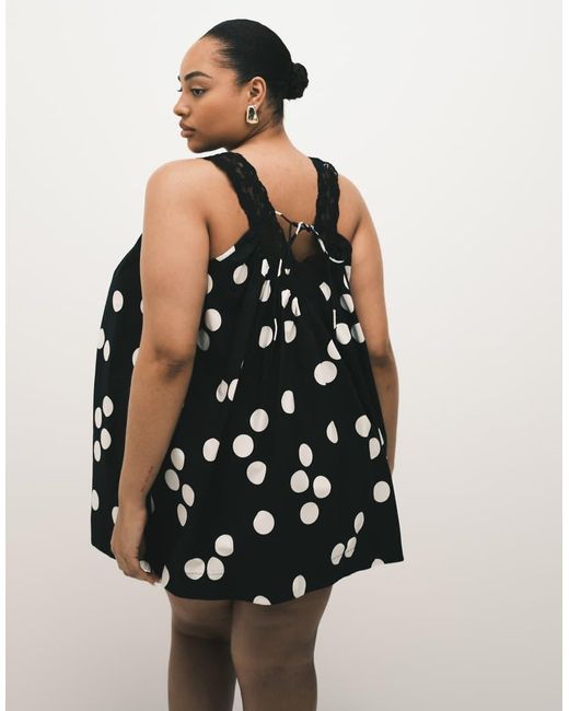 ASOS Black Asos Design Curve V Neck Smock Poplin Mini Sundress With Lace Overlay