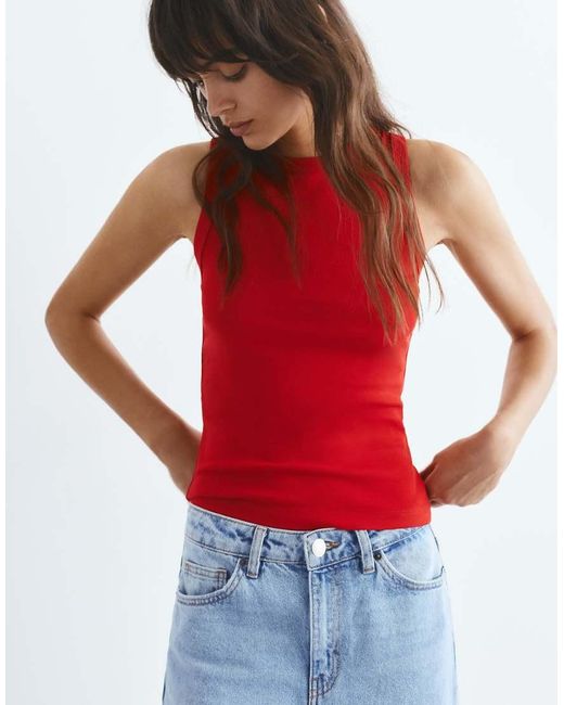 Pull&Bear Red Round Neck Tank Top
