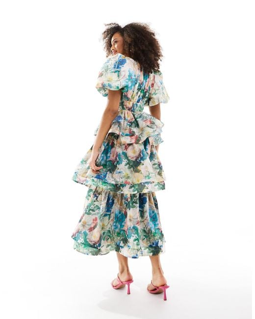 & Other Stories Blue Midi Dress With Volume Sleeves And Ruffles