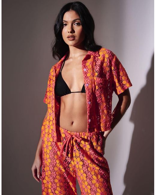South Beach Red Floral Crochet Short Sleeve Shirt