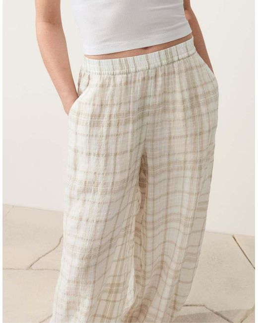Oysho Natural Long Checked Bloomer Trousers With Side Pockets.65% Linen