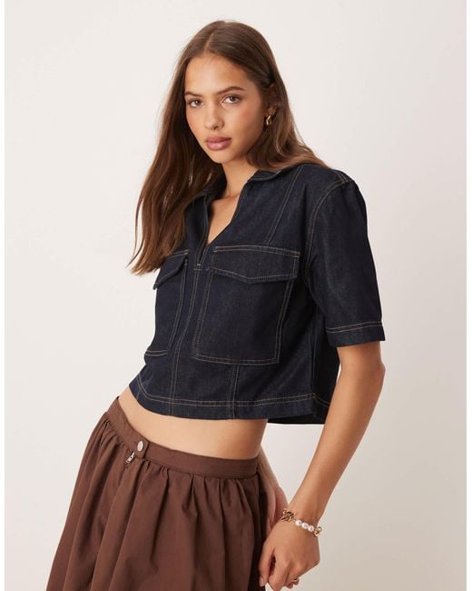 Jdy Blue V-Neck Boxy Denim Top