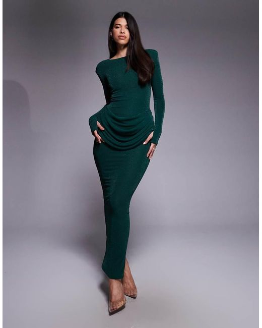 Wanderdoll Blue Eman Long Sleeve Slash Neck Drape Waist Detail Bodycon Maxi Dress