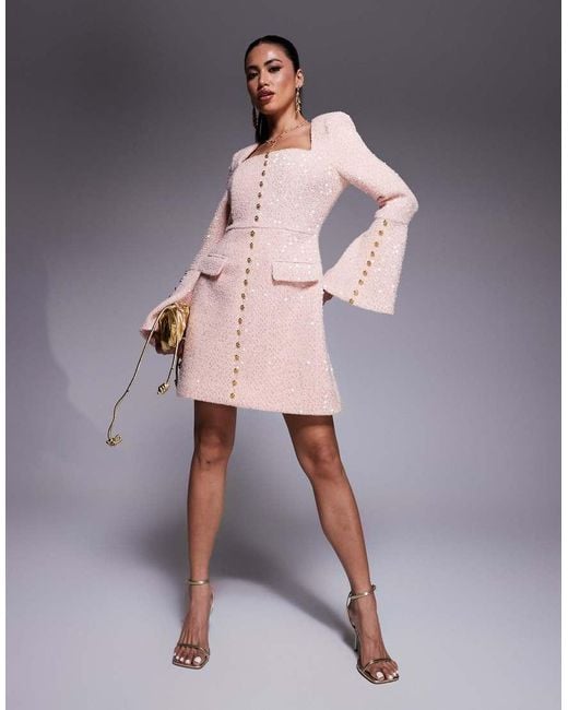 Lavish Alice Pink Sequin Boucle Fluted Sleeve Mini Dress