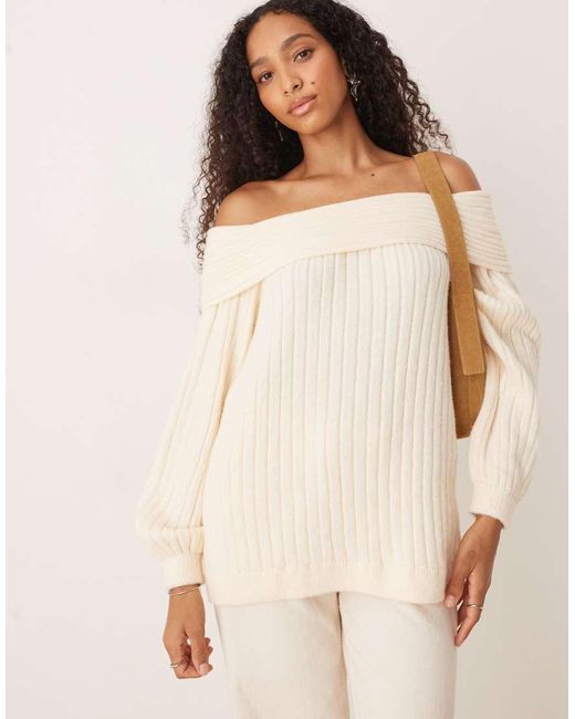 ASOS Oversized Rib Knit Off Shoulder Jumper With Balloon Sleeve in ...
