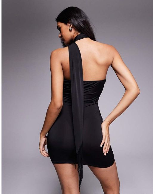 ASOS Black Slinky Wired Sculpted Mini Dress With Tassel Drape Detail