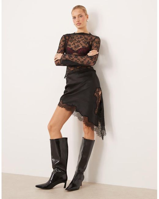 Mango Natural Asymmetric Mini Skirt With Lace Edge