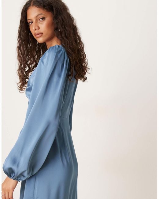 Vila Blue Long Sleeve Twist Front Satin Midi Dress