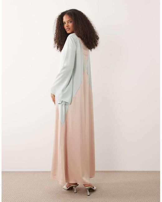 Iyal Natural Satin Contrast Panel Bell Sleeve Maxi Dress