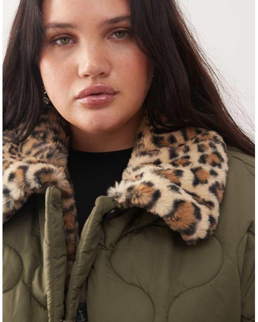 Noisy May Green Faux Fur Leopard Collar Detail Quilted Coat