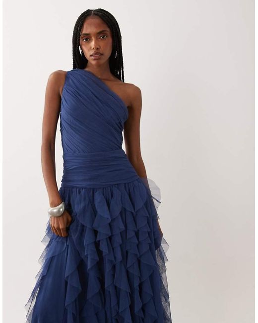 LACE & BEADS Blue Bridesmaid One Shoulder Waterfall Ruffle Maxi Dress