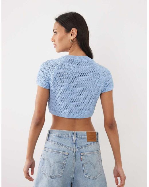 ASOS Blue Knitted Crochet Ultra Crop Cardigan