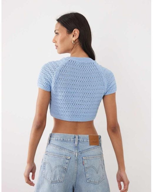 ASOS Blue Knitted Crochet Ultra Crop Cardigan