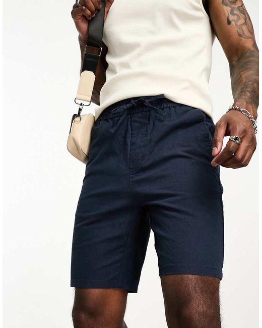 Only & Sons Blue Linen Mix Tie Waist Shorts for men