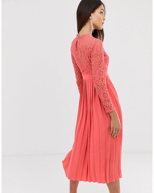 little mistress embroidered lace top midaxi dress with pleated skirt
